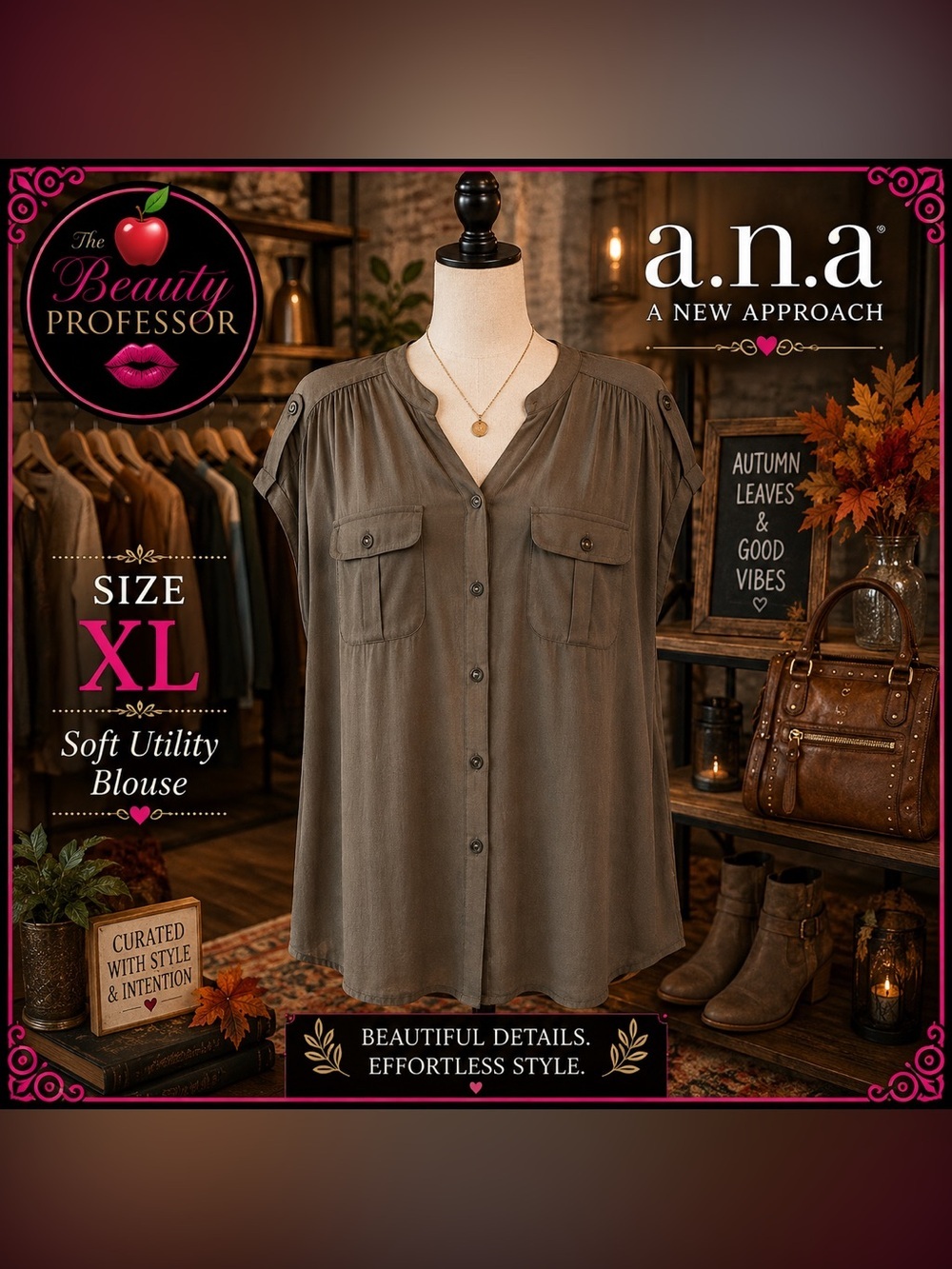 💞 a.n.a A New Approach XL Olive Utility Blouse Button Front Flowy Top